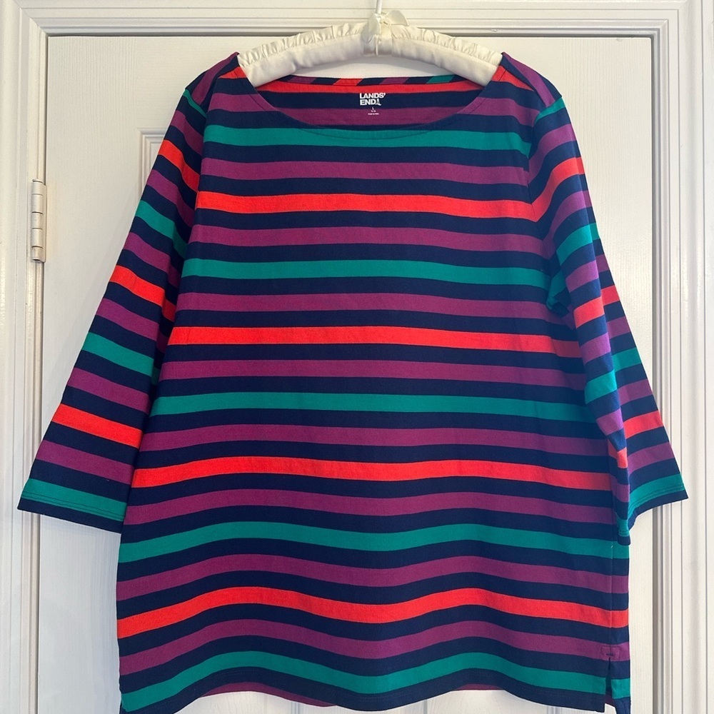 Lands' End Navy Plum Rugby 3/4 Sleeve Heavyweight Boatneck Tunic‎ Shirt Womens L